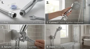 Simple step-by-step installation of a universal fitting massage shower head onto a standard UK shower hose