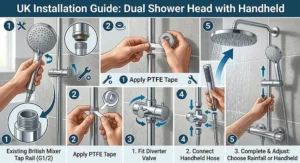Step-by-step installation diagram showing how to fit a dual shower head with handheld onto an existing British mixer tap shower rail.