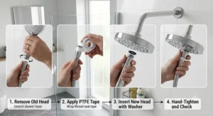 Step-by-step illustration of attaching a water saving shower head to a flexible shower hose