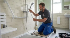 A professional plumber installing a long-reach handheld shower head for elderly accessibility in a contemporary British wet room layout.