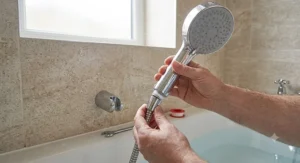 A person installing a new handheld shower head onto a standard British shower hose.