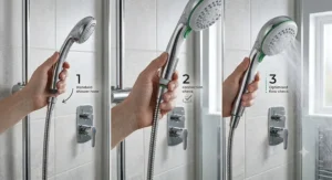 Step by step graphic guide on how to fit a new shower head for low water pressure onto a standard British shower hose.