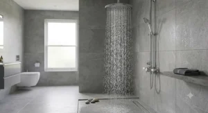 Large round rain shower head running at full pressure inside a stylish grey tiled wet room.