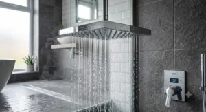A sleek square rain shower head for low pressure systems providing full body coverage with air-injection technology.