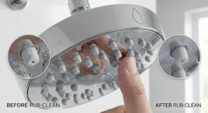 Close-up of rub-clean silicone nozzles on a water saving shower head for UK hard water areas