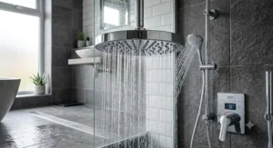 A complete mixer shower set featuring a fixed rain shower head for low pressure alongside a flexible handheld riser kit.