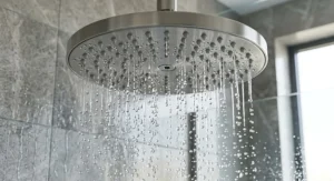 Close-up view of water droplets cascading smoothly from a premium anti-limescale luxury rain shower head.
