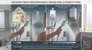 Comparison chart illustrating spray power differences when using a specialized shower head for low water pressure.