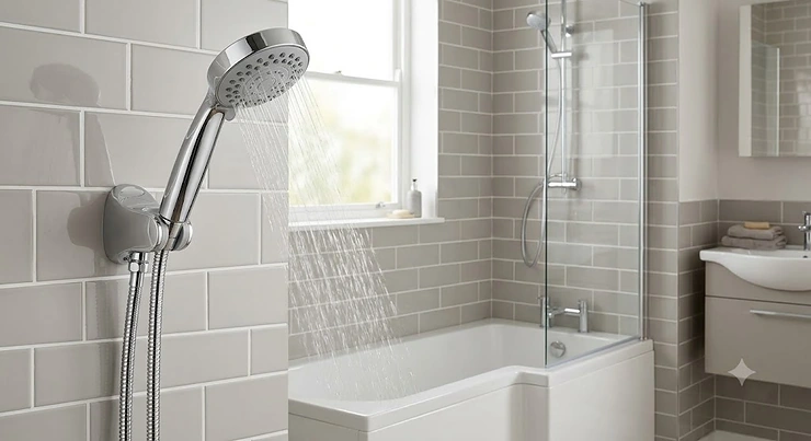 Chrome multi-function massage shower head mounted over a modern bath in a British family home