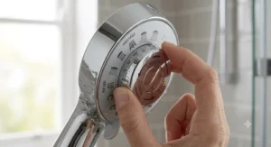 Close-up of the easy-turn click dial showing pulsed and rainfall spray settings on a massage shower head