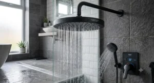 Stylish matt black rain shower head for low pressure water systems operating efficiently with a domestic pump.