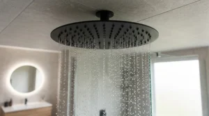 Close-up of a matt black round ceiling mounted rain shower head providing a gentle downpour effect in a minimalist bathroom.