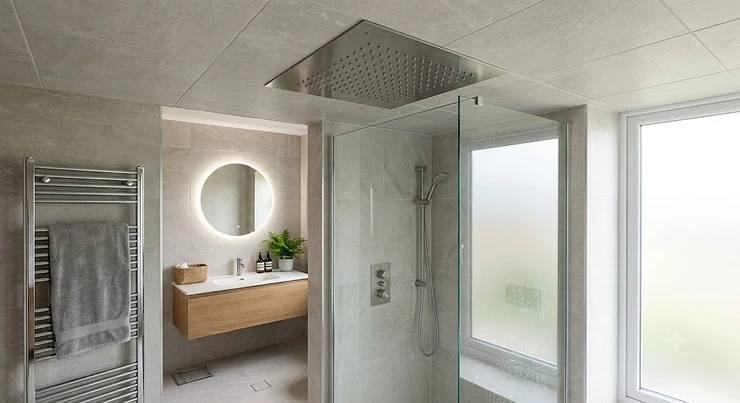 Modern British bathroom featuring a luxury ceiling mounted rain shower head fixed into a tiled ceiling above a wet room enclosure.