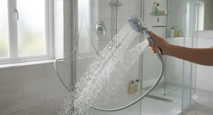 Stainless steel multi mode handheld shower head with long hose showcasing different spray functions