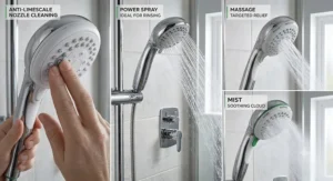 An adjustable three function shower head for low water pressure showing power spray, massage, and mist settings.
