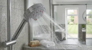 Multi-mode shower head that increases pressure showing three distinct jet spray settings for an invigorating shower