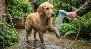 Using an outdoor handheld shower head for dogs to wash muddy paws in a British garden after a walk.