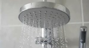 Detailed view of the large overhead rainfall plate of a dual shower head with handheld, featuring easy-clean rubber nozzles.
