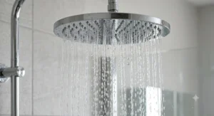 Close-up of a large round chrome overhead rainfall shower head delivering a steady stream of water.
