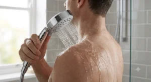 Targeted pulsating water stream from a massage shower head designed to soothe tense neck and shoulder muscles