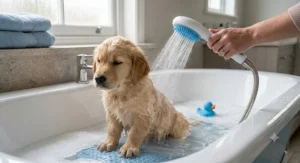 A small puppy calmly enjoying a gentle wash with a handheld shower head for dogs.