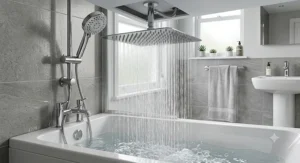 Large square rainfall high pressure shower head mounted to the ceiling delivering a powerful spray pattern