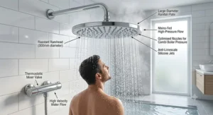 Large rainfall overhead shower head designed for high-pressure combi boiler water systems.