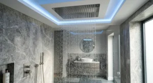 Flush recessed ceiling luxury rain shower head featuring integrated ambient LED chromotherapy lighting.
