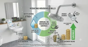 Graphic illustrating annual energy and water bill savings for UK households using an eco shower head