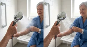 Demonstration of a senior-friendly handheld shower head for elderly individuals switching between a gentle mist and a soft saturating spray setting.