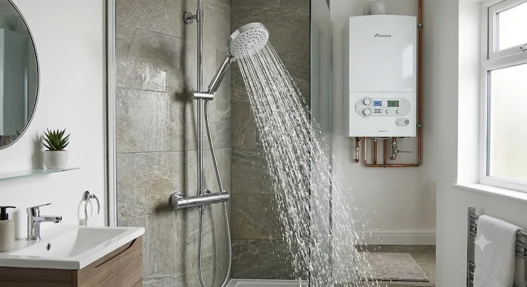 High pressure shower head boosting water flow from a modern British combi boiler system in a contemporary bathroom