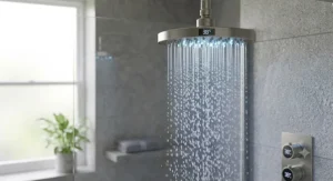 Smart digital rain shower head with integrated LED lights displaying water temperature control.