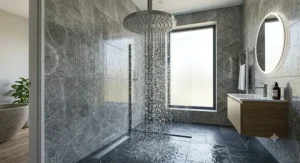 High-end oversized stainless steel luxury rain shower head creating a spa-like experience in a modern British wetroom.