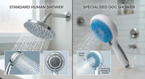 Comparison showing the difference between a standard human shower and a specialised handheld shower head for dogs.