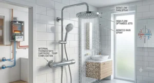 Thermostatic mixer shower valve installed alongside a high-flow combi boiler shower head.