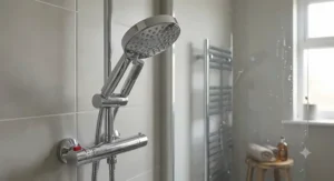 Thermostatic mixer valve with adjustable shower head for gravity fed system installation
