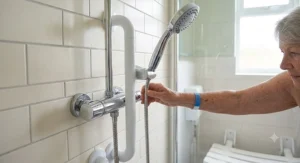 A wall-mounted thermostatic mixer valve paired with a handheld shower head for elderly safety to prevent accidental scalding in British households.