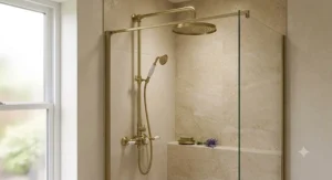 Traditional style brushed brass rain shower head paired with matching thermostatic mixer valves.