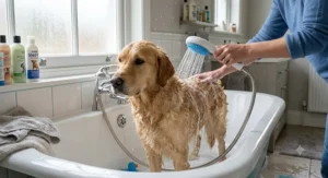 A golden retriever being washed in a family bathtub using a handheld dog shower attachment.
