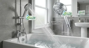 Eco-friendly high pressure shower head designed to increase water flow while reducing water consumption