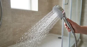 Eco friendly water saving handheld shower head with a powerful spray pattern to reduce utility bills.