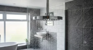 Eco-friendly rain shower head for low pressure optimizing water flow from a gravity-fed boiler system.