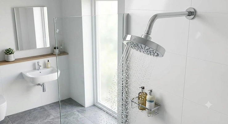 Chrome water saving shower head with high pressure spray mounted in a modern British bathroom