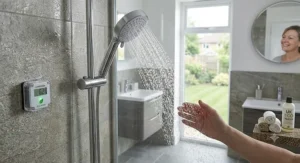 Eco-friendly shower head that increases pressure while reducing water consumption in a modern UK home