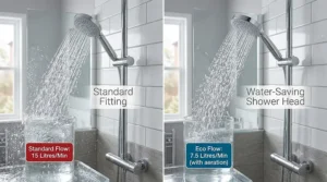 Visual comparison of water usage between a standard fitting and a water-saving shower head