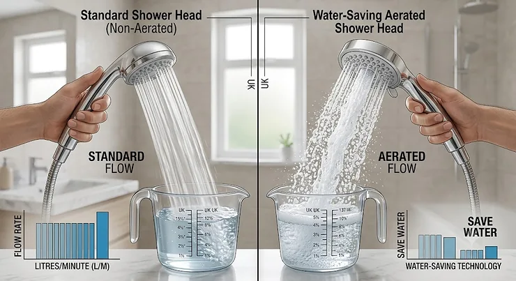 Comparison between standard shower head and water-saving aerated shower head flow rates