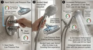 Aerated shower head operating efficiently with a UK combi boiler system under low pressure