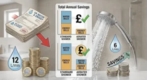 Graphic illustrating annual savings on household water and energy bills using an aerated shower head