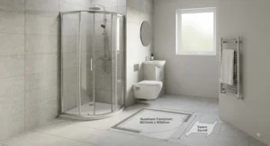 Illustrative diagram showing how a curved quadrant shower enclosure maximises floor space in a compact UK bathroom layout.