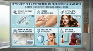 Infographic showing the key benefits of using a shower head filter for chlorine and skin health